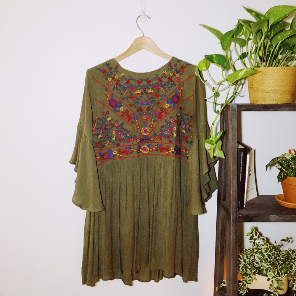 Umgee | Floral Embroidered Bell Sleeve Mini Dress